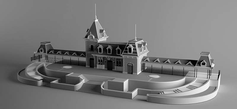 Study: Disneyland’s Main Street U.S.A. Train Station Grey Model Renders